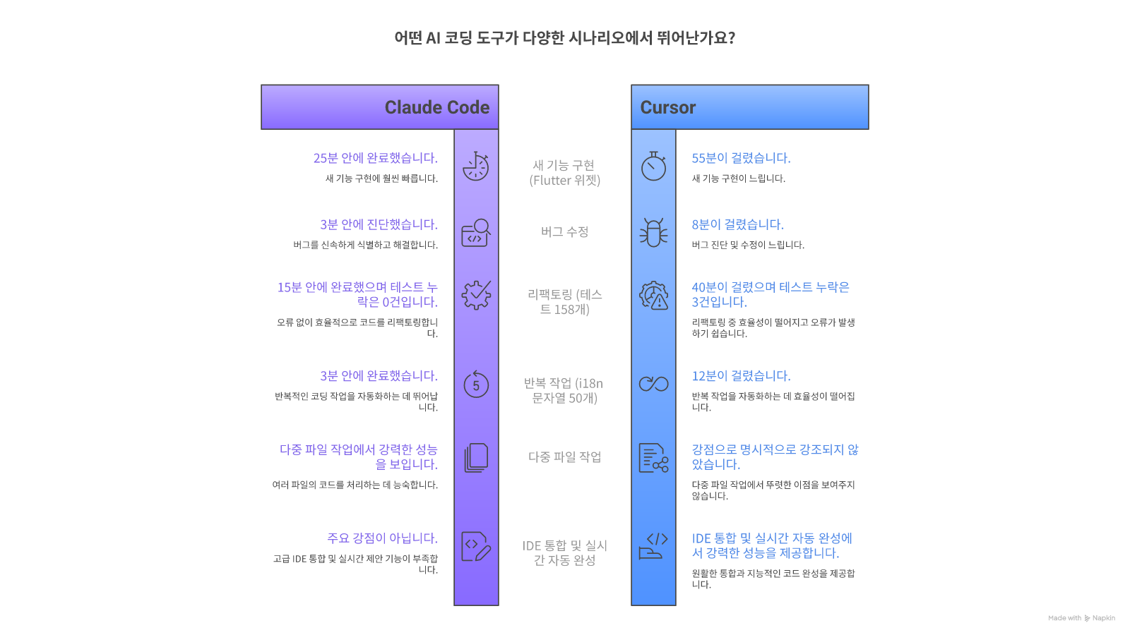Claude Code vs Cursor — 5가지 시나리오별 비교 결과