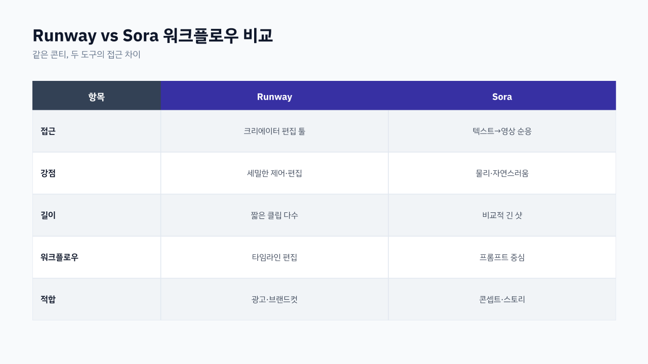 Runway와 Sora의 워크플로우 구조 비교 — 편집 중심 vs 프롬프트 중심