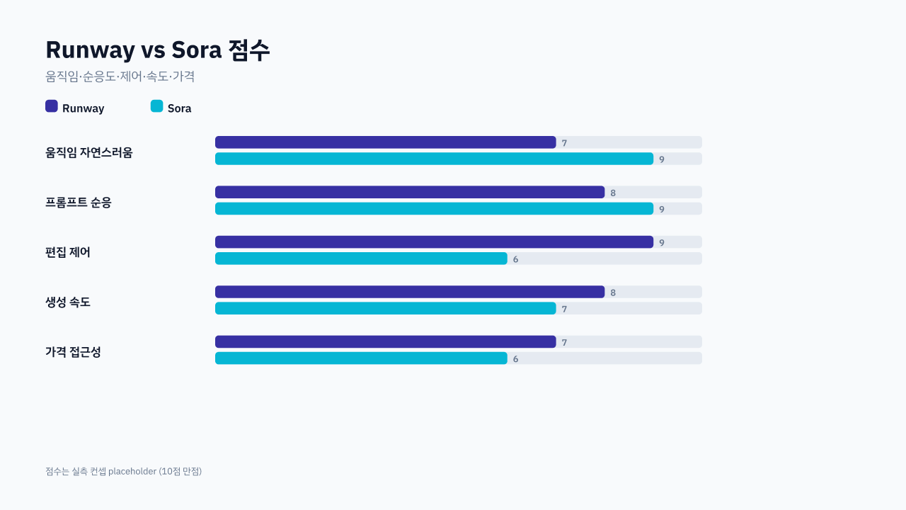5개 축 점수 비교 막대그래프 — 움직임·일관성·순응·길이·가격