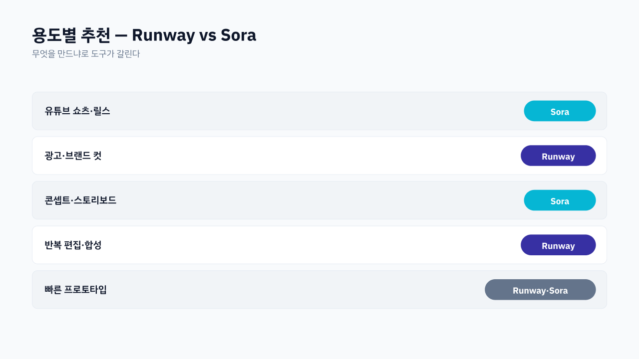 Runway·Sora 용도 분담 매트릭스 — 롱폼·쇼츠·립싱크·썸네일별 추천 도구