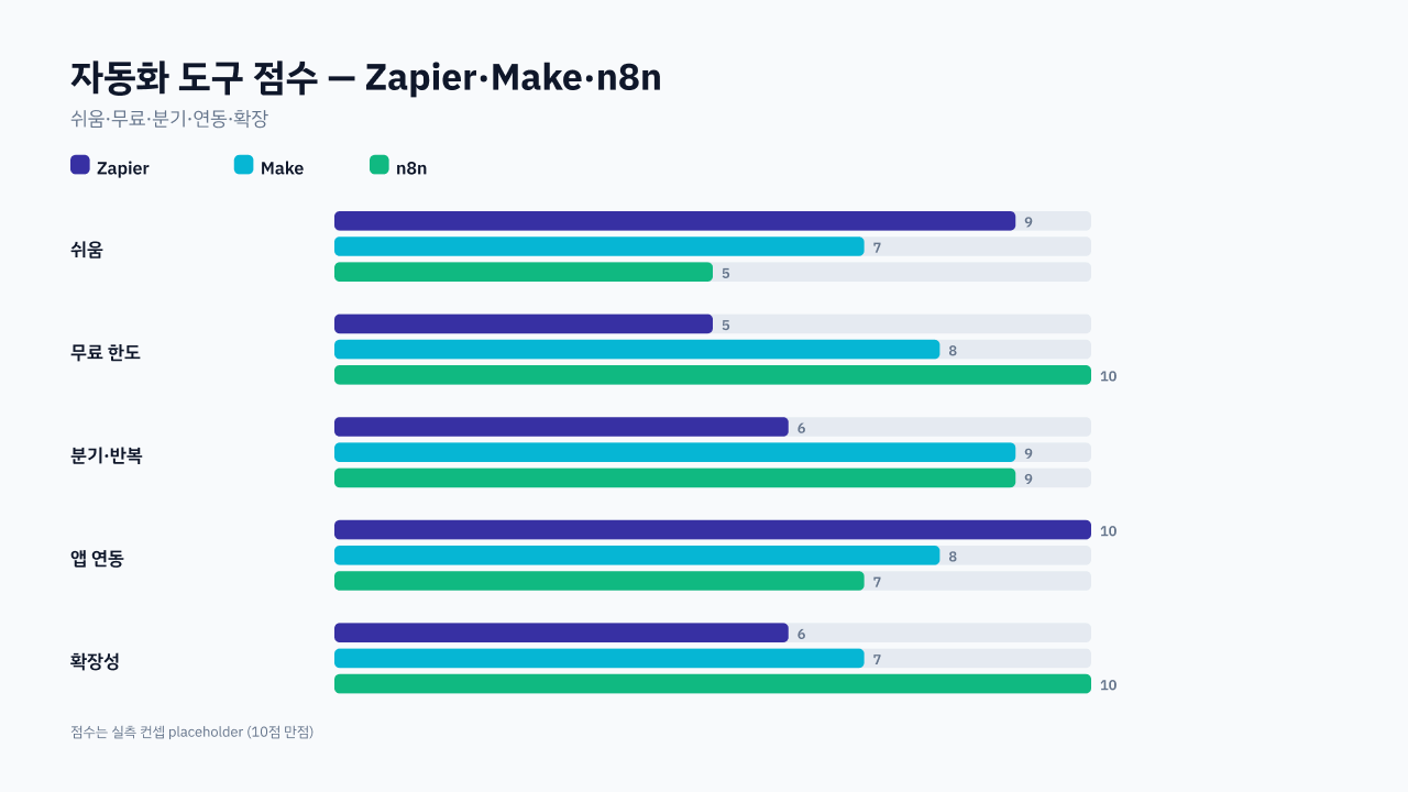 Zapier·Make·n8n 5개 축 종합 점수표 — 쉬움·무료 한도·분기·연동 폭·데이터 통제